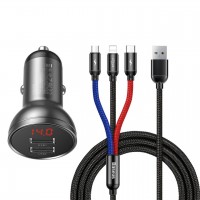 АЗУ Baseus Digital Display Dual USB 4.8A Car Charger 24W with Three Primary Colors 3-in-1 Cable USB Сірий (21281)