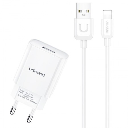 МЗП USAMS T21 Charger kit - T18 single USB + Uturn Lightning cable Белый (37714)