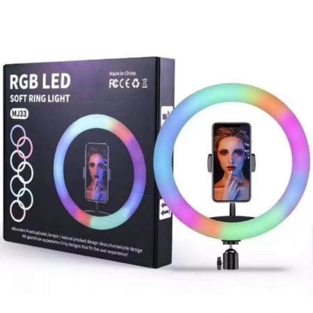 Кольцевая LED лампа RGB 33 см (6 цветов) с зажимом для тел.+пульт Чорний (27382)